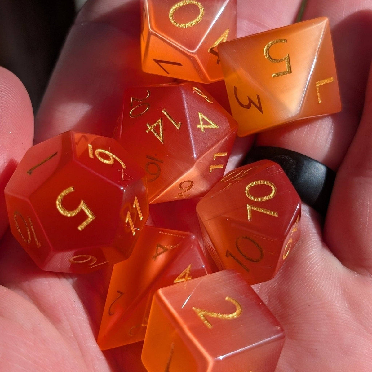 Orange Cat Eye - 7 Piece Polyhedral Gemstone Dice Set