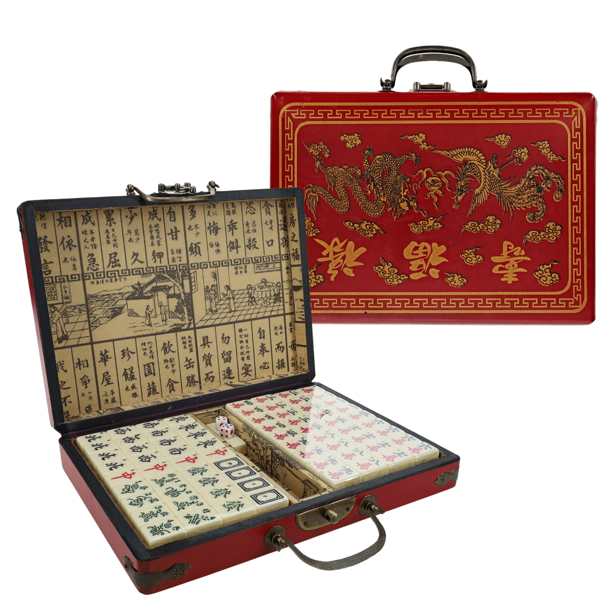 WE Games Traditional Chinese Mahjong Set Travel Size, Red Leatherette Travel Case with Ornate Dragon Design, 144 Tiles 24mm White Tiles
