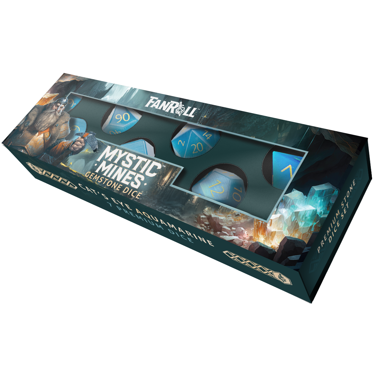 Mystic Mines: Engraved Cat's Eye Aquamarine Gemstone Poly Dice Set