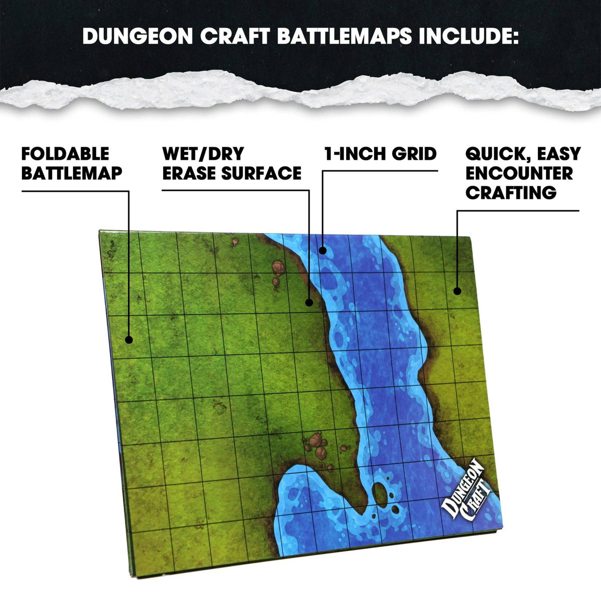 Dungeon Craft Battlemap: Grasslands and River - Double-Sided Dry/Wet Erase RPG Map