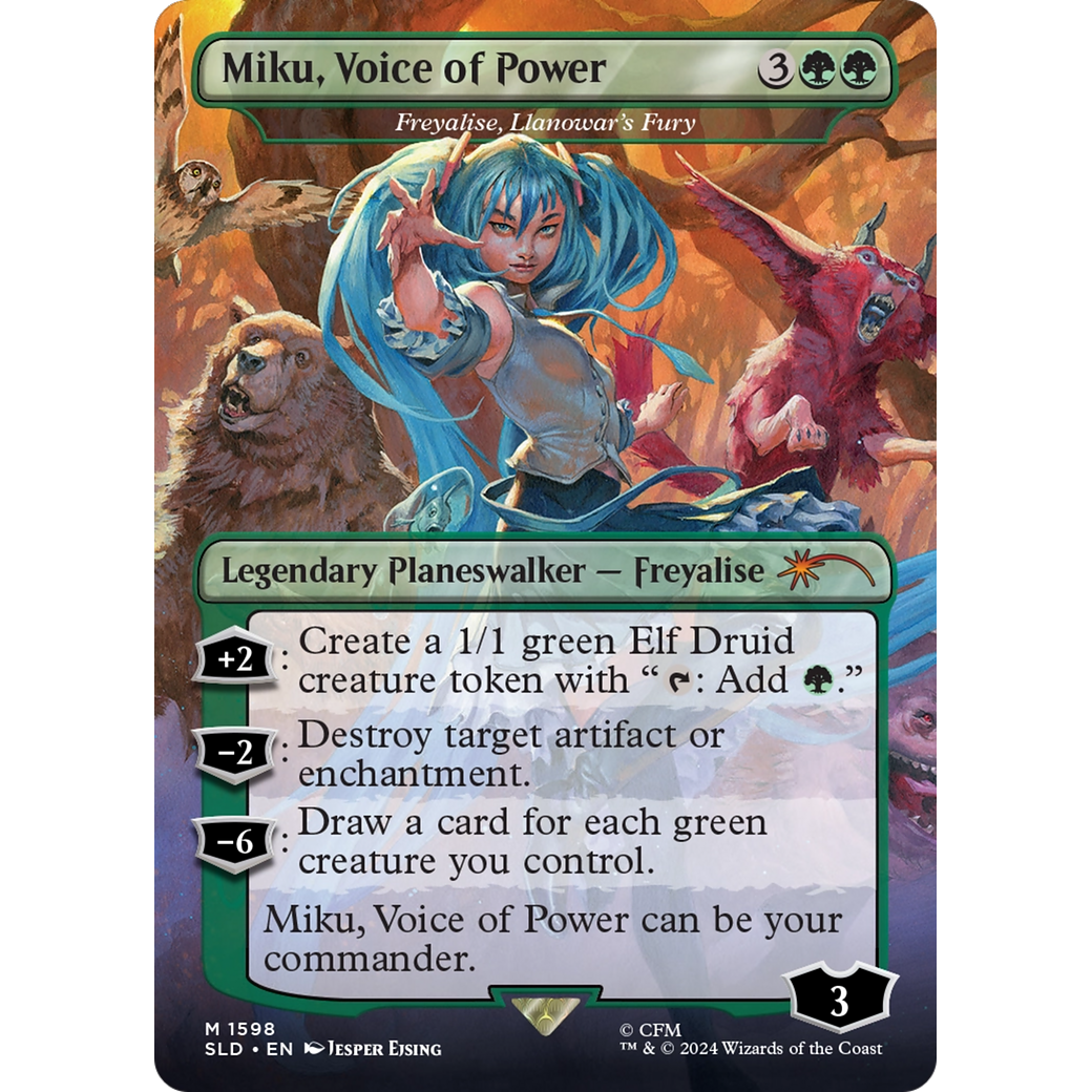 Miku, Voice of Power - Freyalise, Llanowar's Fury (SLD-1598) - Secret Lair Drop / Miku, Voice of Power (Borderless)