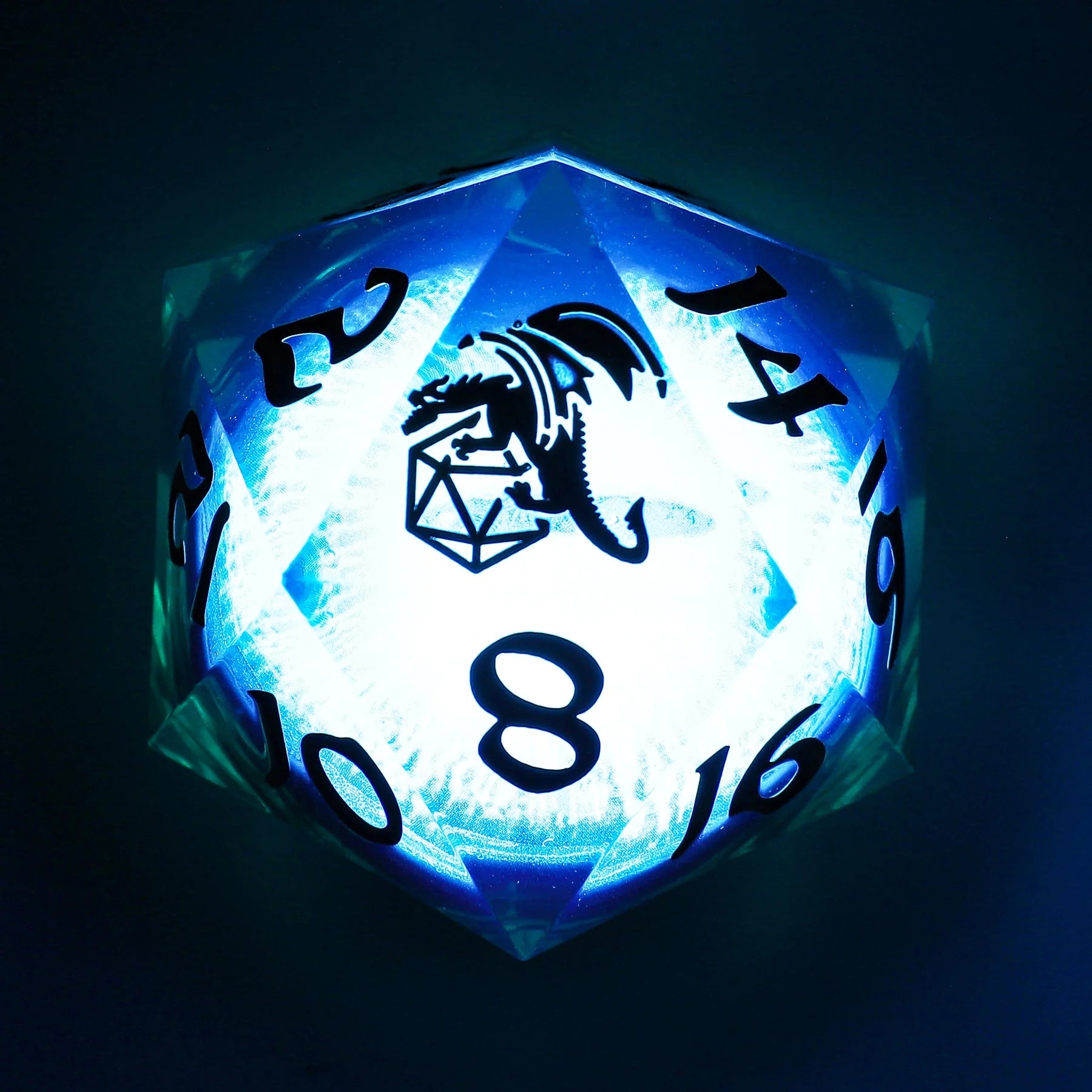 Captured Magic Sharp Edge Liquid Core LED Resin D20 33mm - Beholder's Eye Always Watching Green