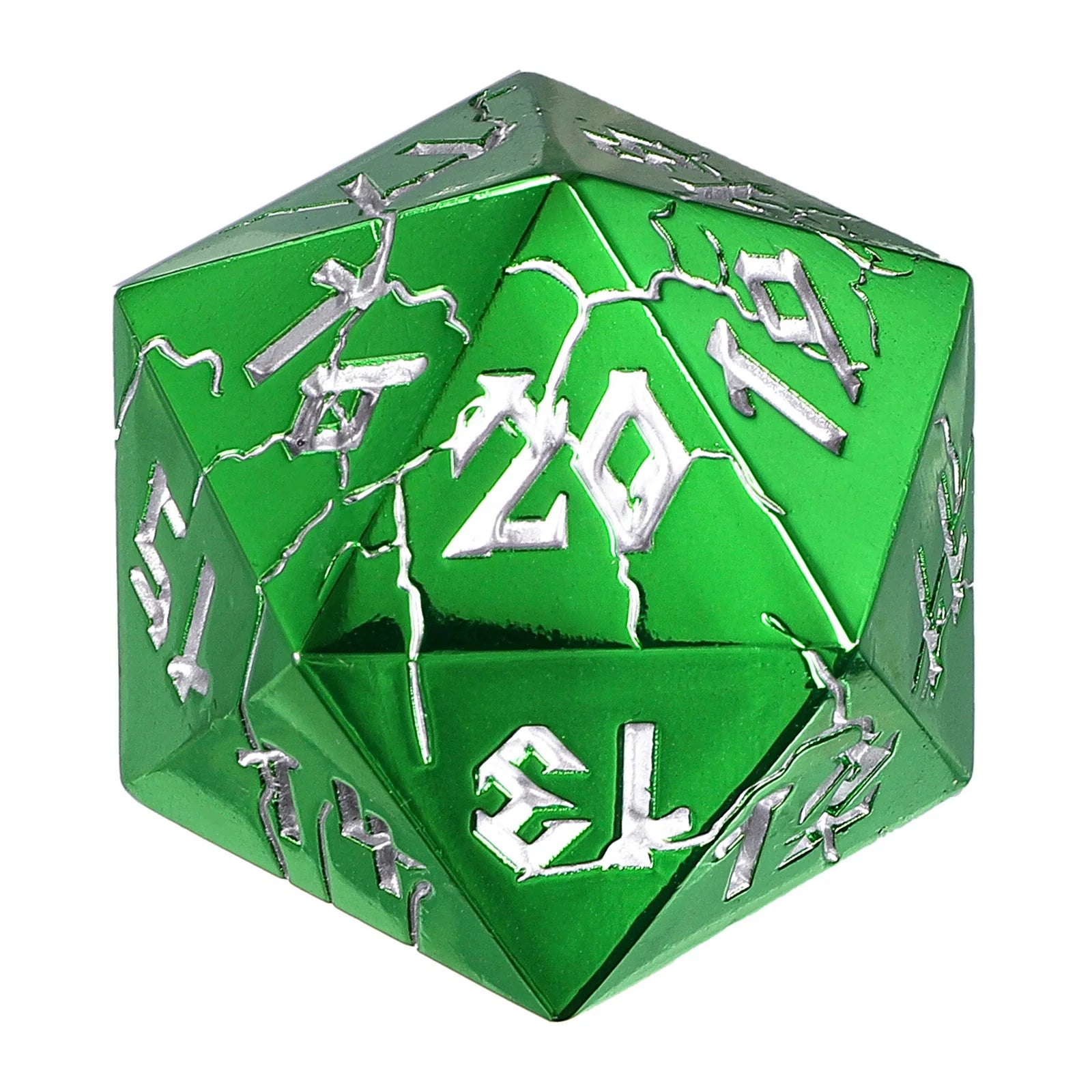 Barbarian Solid Metal D20 35mm Spin Down Dice - Green with Silver Ink