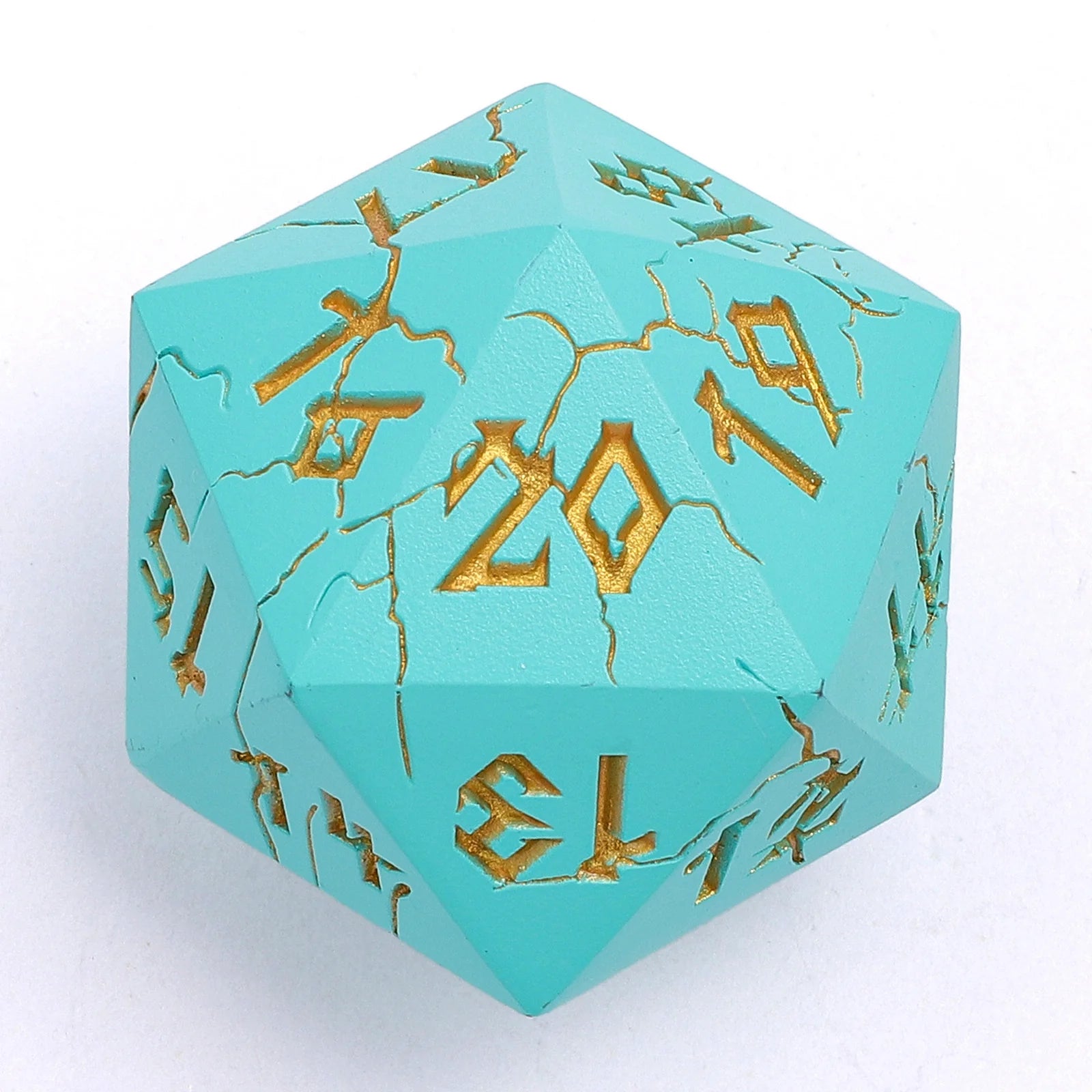 Barbarian Solid Metal D20 35mm Spin Down Dice - Turquoise with Gold