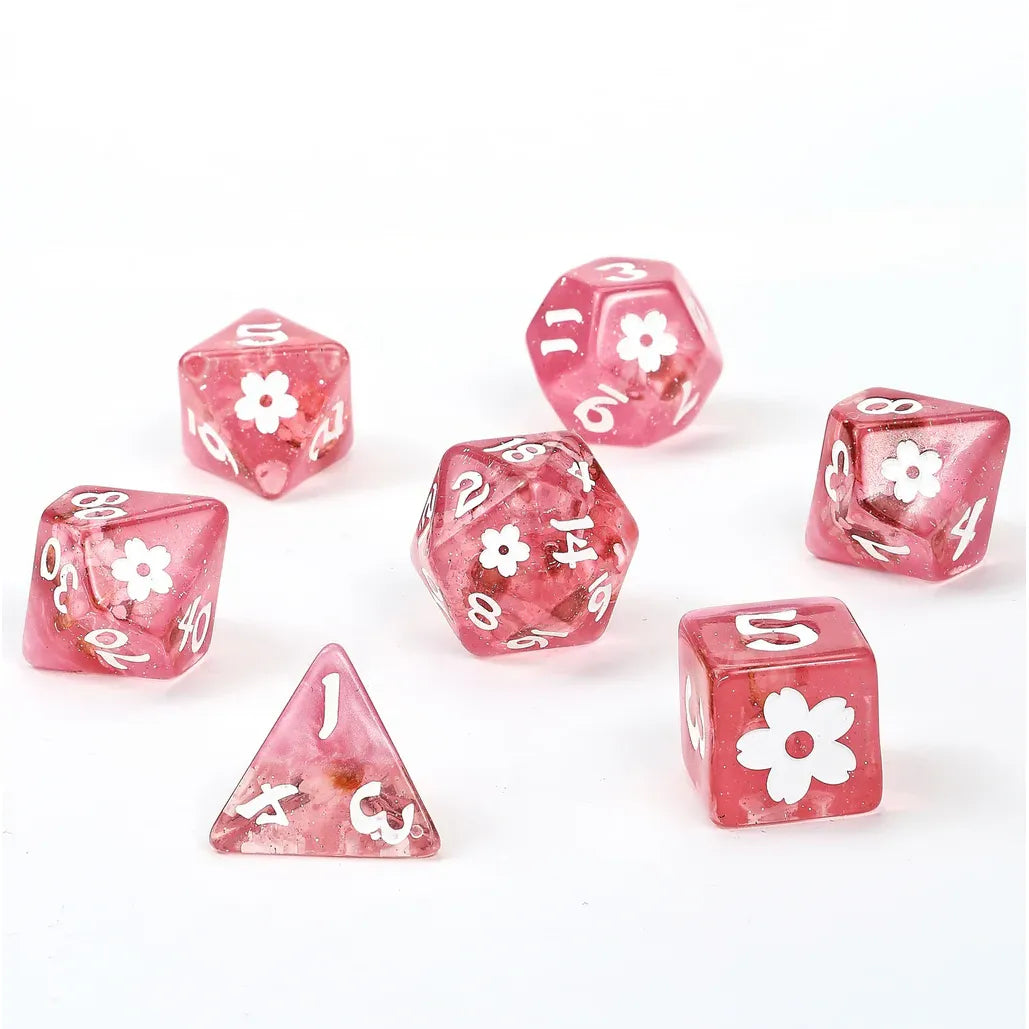 Wyrmforged Rollers: White Ink Sakura Blossom Rounded Edge 7 Piece Polyhedral Dice Set