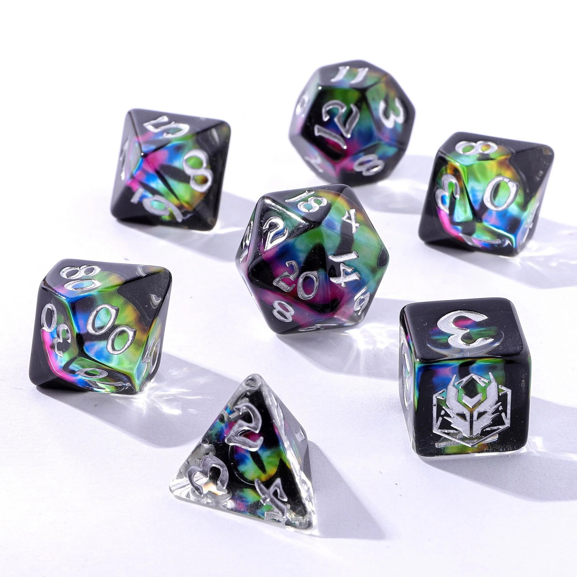 Wyrmforged Rollers: Dragon Eye Chromatic Rounded Edge 7 Piece Polyhedral Dice Set