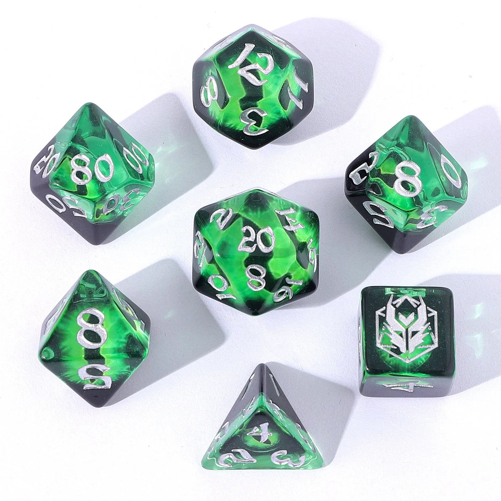 Wyrmforged Rollers: Dragon Eye Green Rounded Edge 7 Piece Polyhedral Dice Set