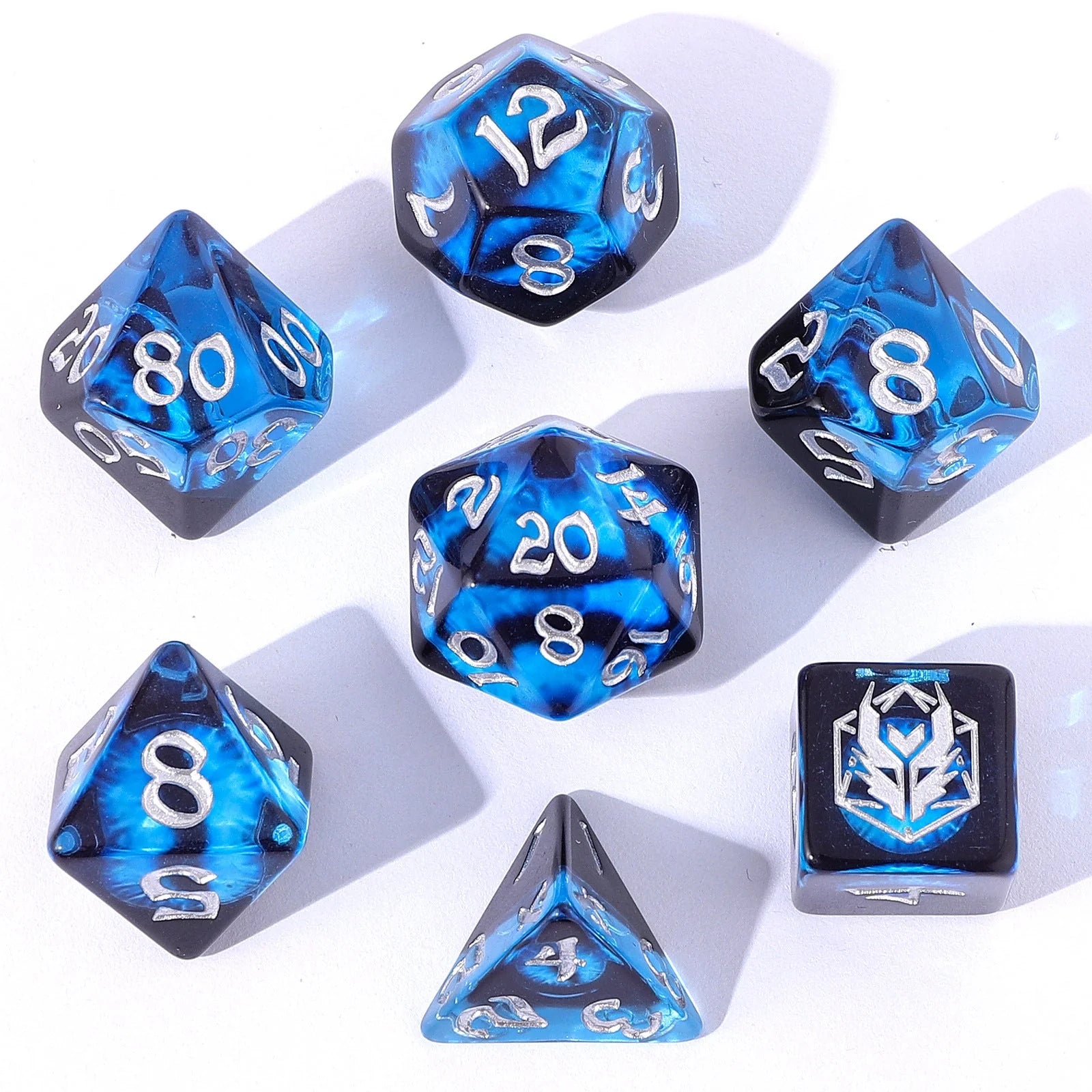 Wyrmforged Rollers: Dragon Eye Blue Rounded Edge 7 Piece Polyhedral Dice Set