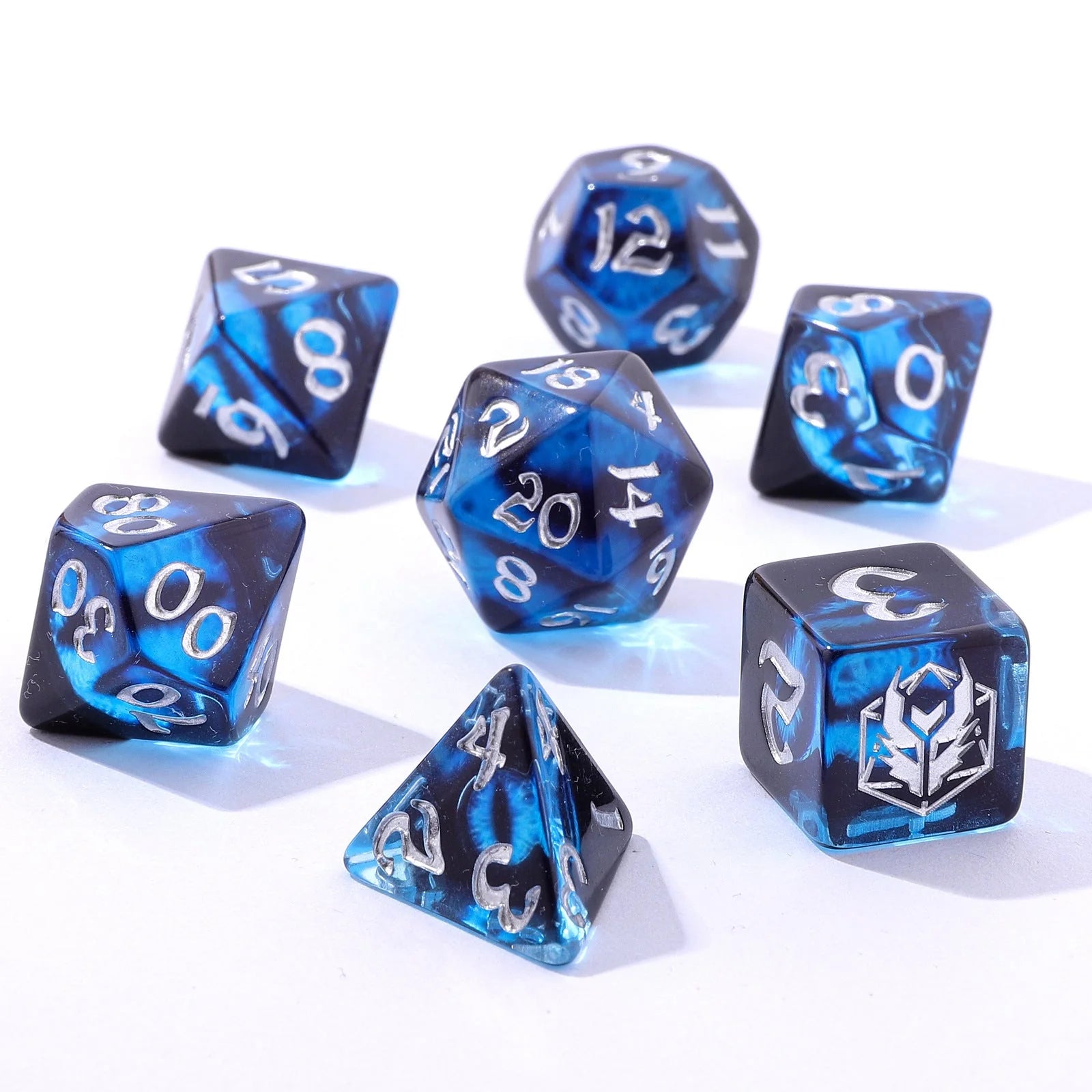 Wyrmforged Rollers: Dragon Eye Blue Rounded Edge 7 Piece Polyhedral Dice Set