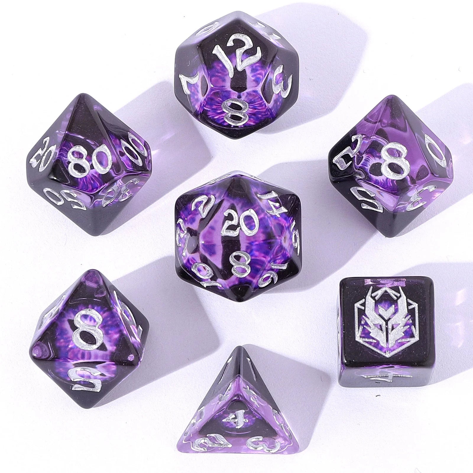 Wyrmforged Rollers: Dragon Eye Purple Rounded Edge 7 Piece Polyhedral Dice Set