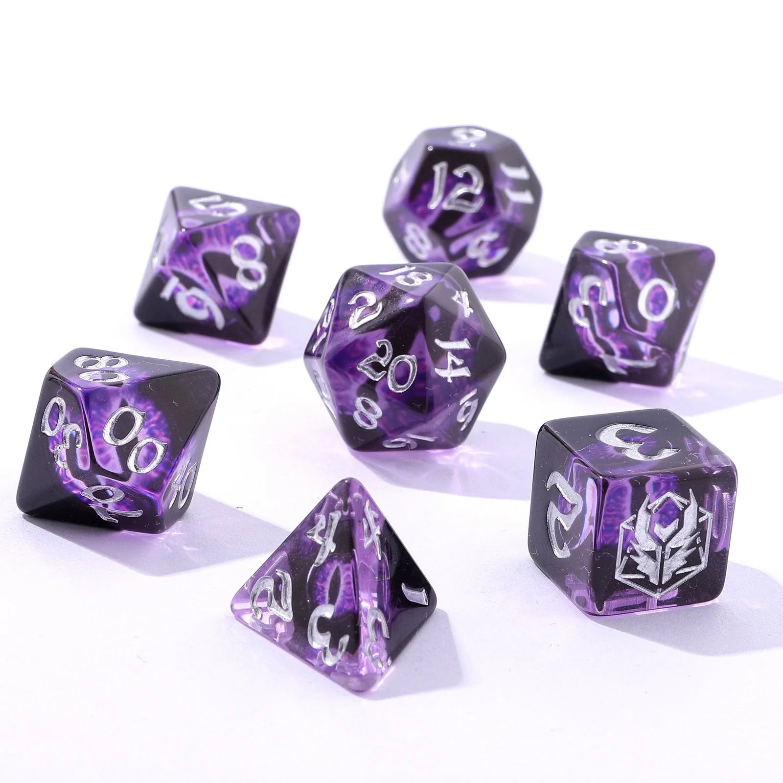 Wyrmforged Rollers: Dragon Eye Purple Rounded Edge 7 Piece Polyhedral Dice Set