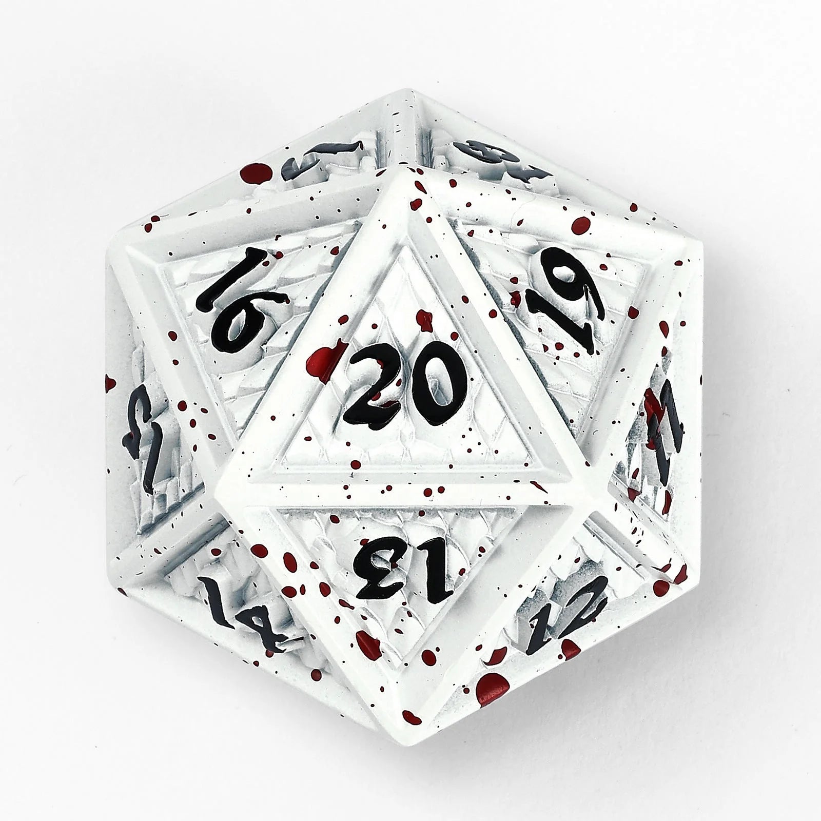 Behemoth Spin Down Metal D20 45mm Dice - Matte White with Blood Splatter