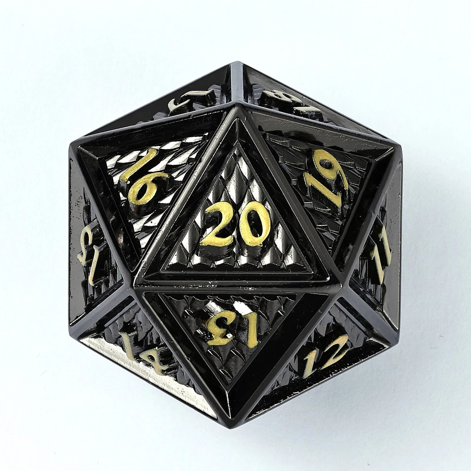 Behemoth Spin Down Metal D20 45mm Dice - Gunmetal with Gold Ink