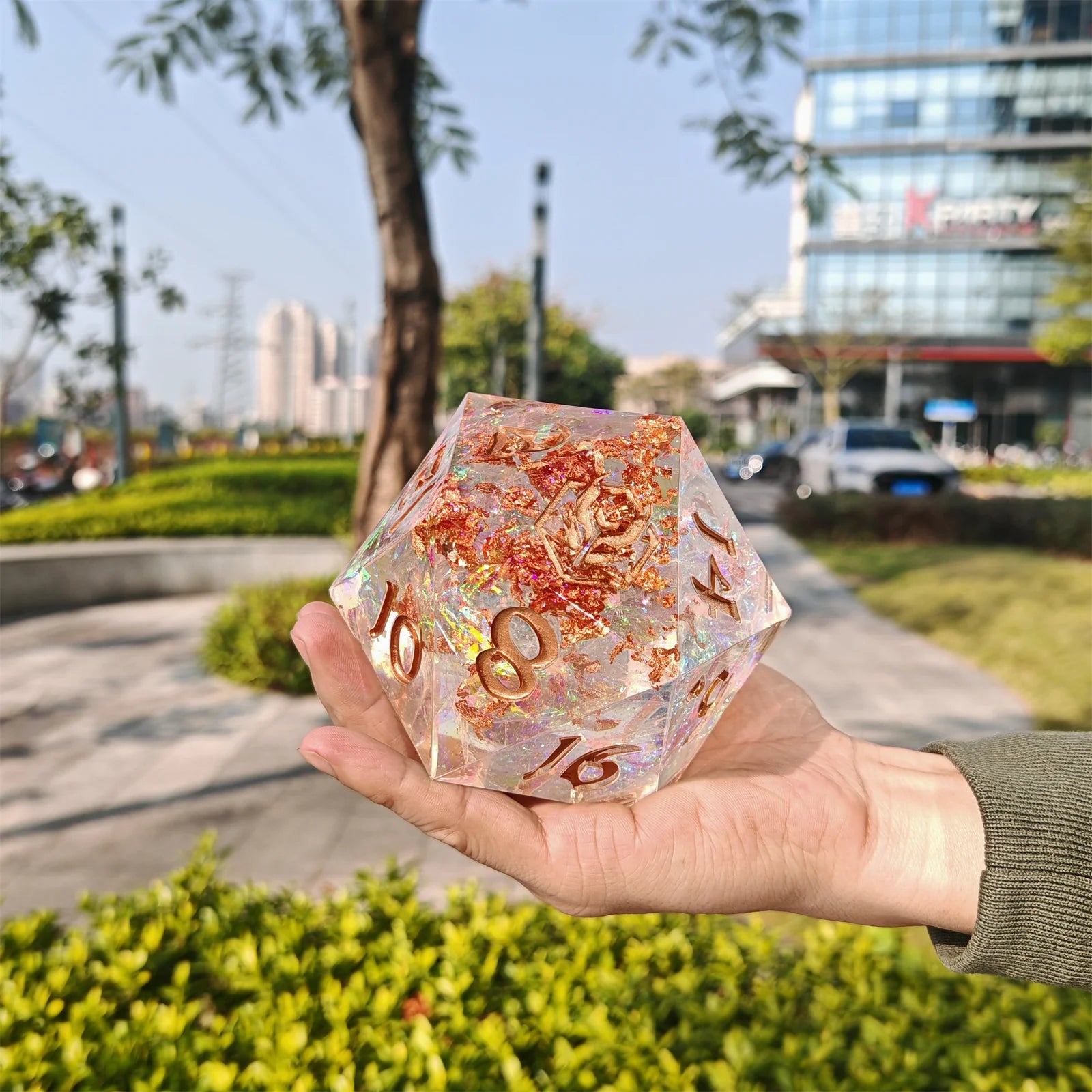 Captured Magic Chonk D20 100mm - Opal with Copper Foil