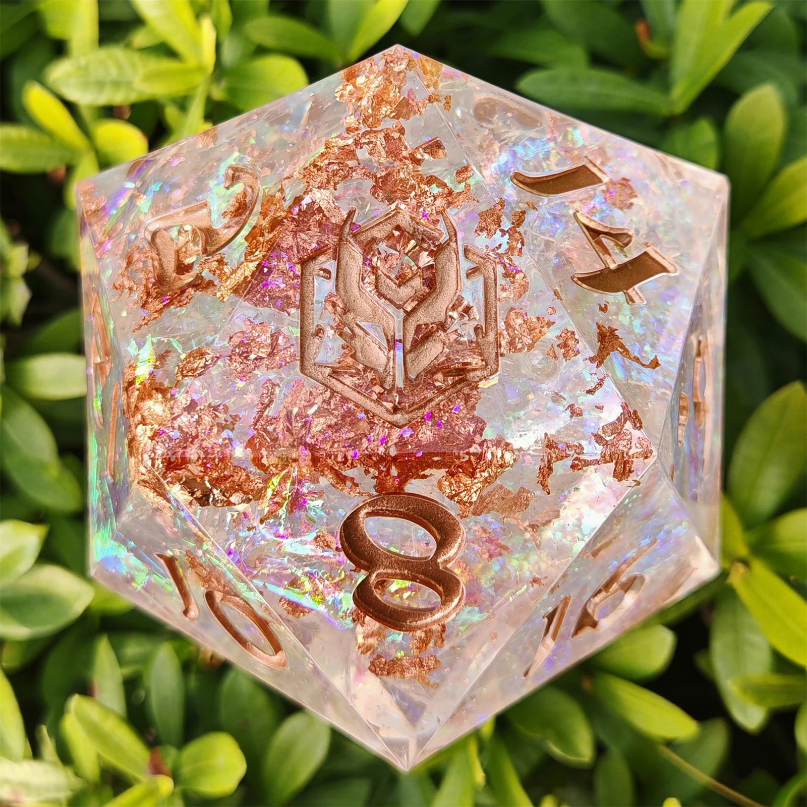 Captured Magic Chonk D20 100mm - Opal with Copper Foil