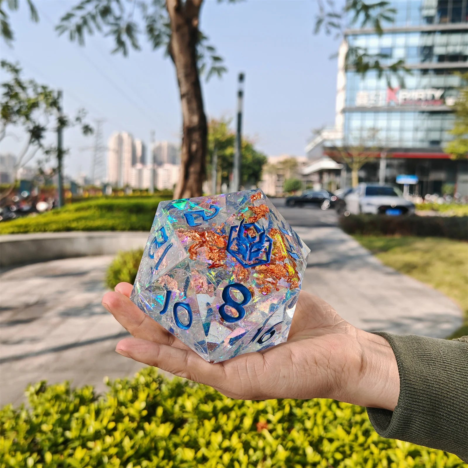 Captured Magic Chonk D20 100mm - Opal with Blue Ink