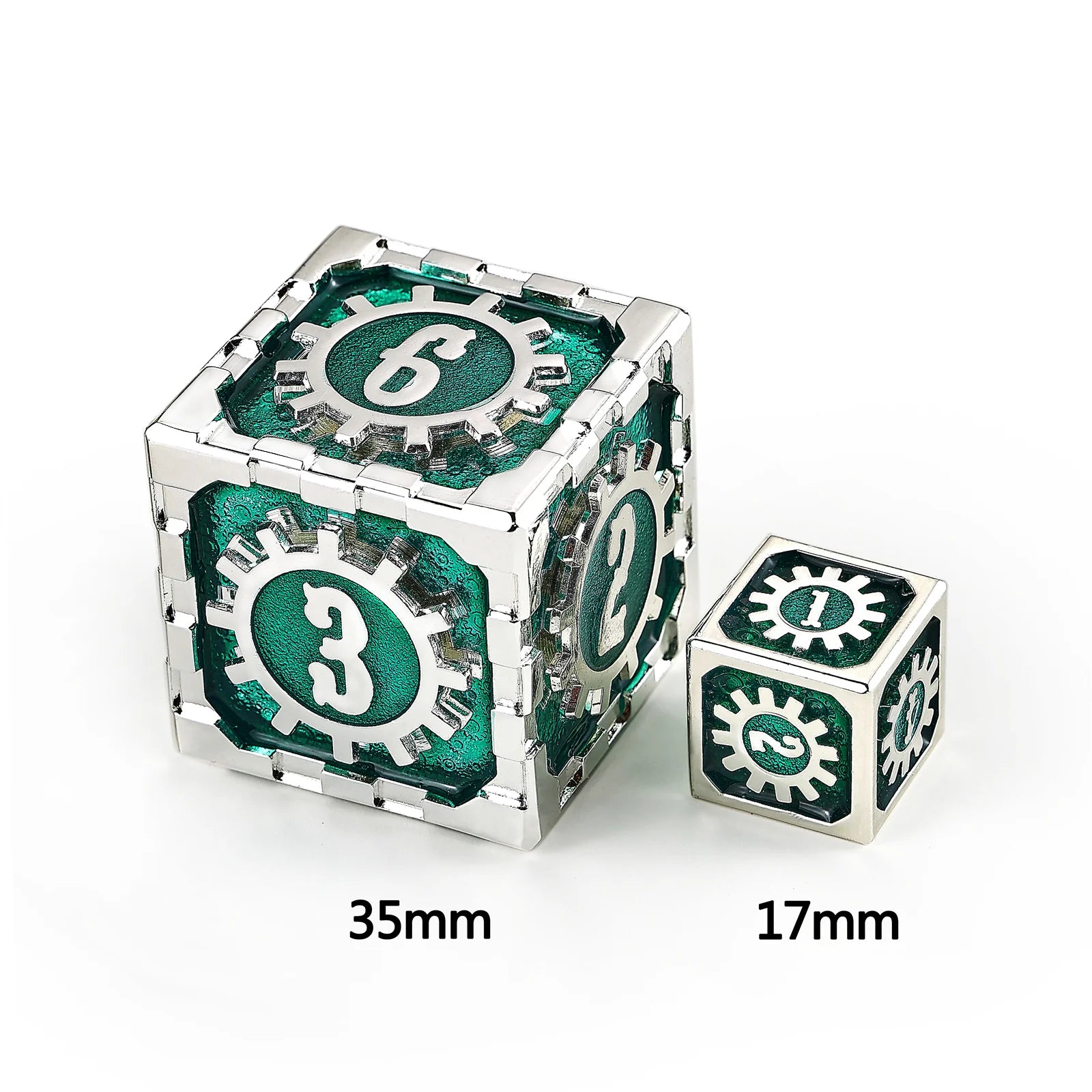 Mythic Size Cogcraft Fidget D6 35mm - Time Machine (Green/Silver)