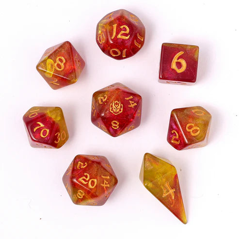 Wyrmforged Rollers: Phoenix Feather Rounded Edge 8 Piece Polyhedral Dice Set