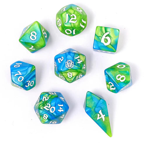 Wyrmforged Rollers: Verdent Stream Rounded Edge 8 Piece Polyhedral Dice Set