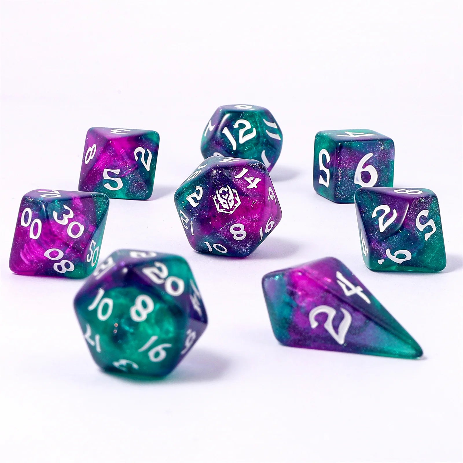 Wyrmforged Rollers: Jester's Cloak Rounded Edge 8 Piece Polyhedral Dice Set