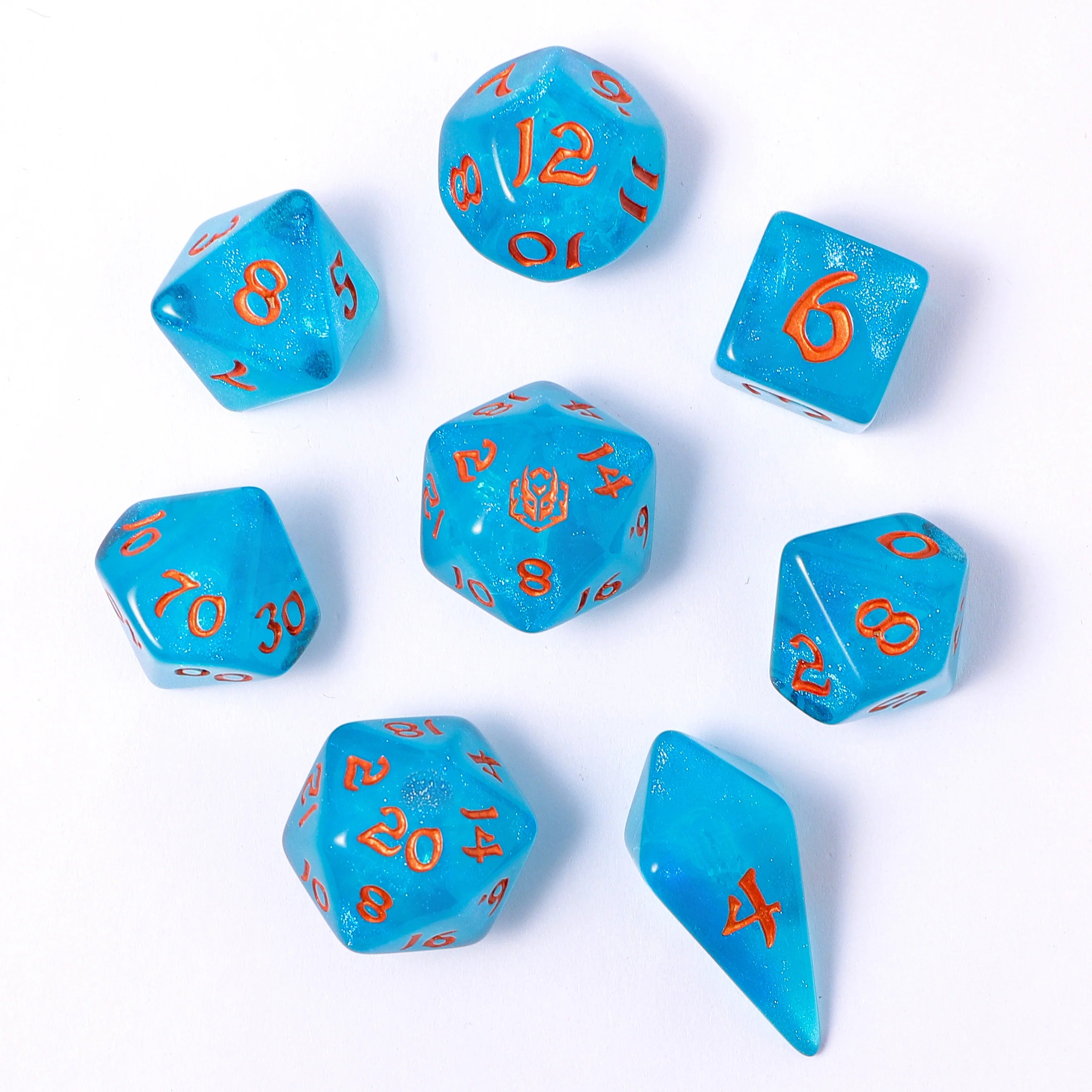 Wyrmforged Rollers: Ray of Frost Rounded Edge 8 Piece Polyhedral Dice Set