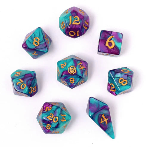 Wyrmforged Rollers: Frostbloom  Rounded Edge 8 Piece Polyhedral Dice Set