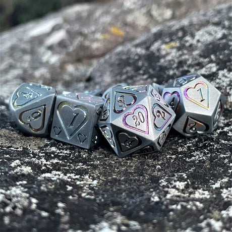 Valentine Silver and Iridescent Heart - 7-set Metal Dice