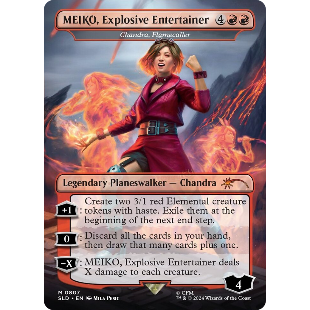MEIKO, Explosive Entertainer - Chandra, Flamecaller (Rainbow Foil) (SLD-807) - Secret Lair Drop / MEIKO, Explosive Entertainer (Borderless) Foil