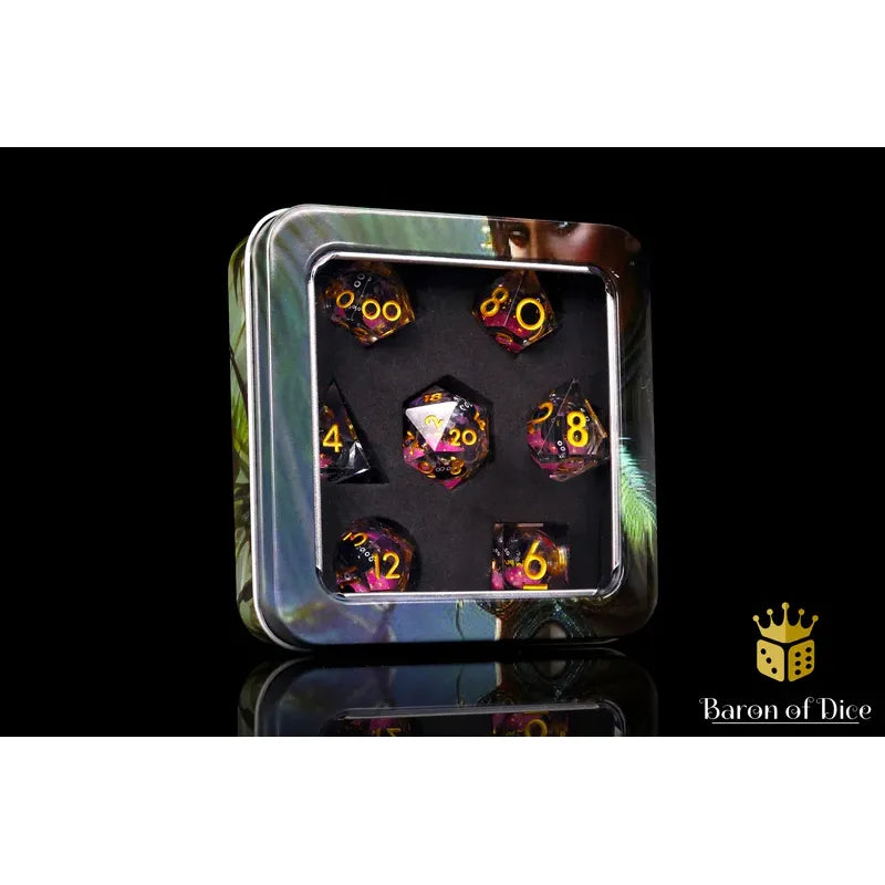 Baron of Dice: Amethyst Neko - Liquid Core 7 Piece Polyhedral RPG Dice Set