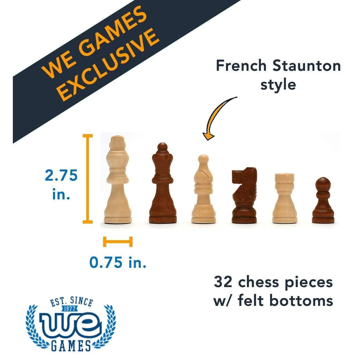 WE Games Classic Staunton Wood Chess Set - 12 in. Board, 2.75 in. King