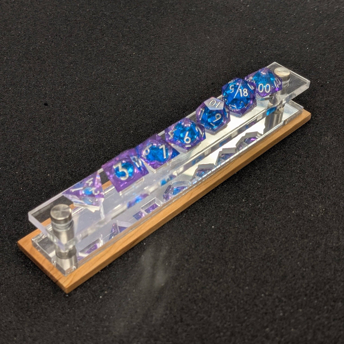 Acrylic Dice Set Display With Wooden Accent: Cherry