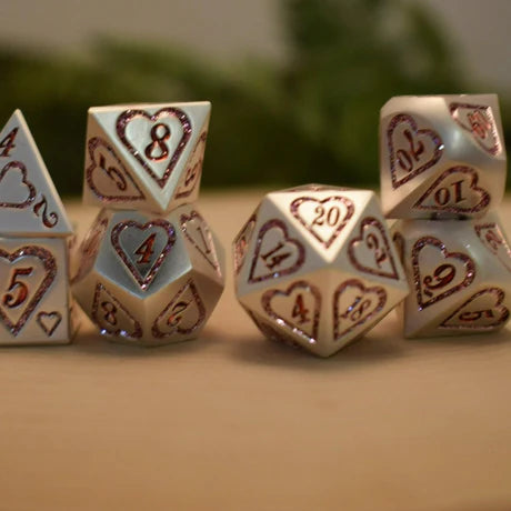 Valentine Pink and Silver Heart - 7-set Metal Dice