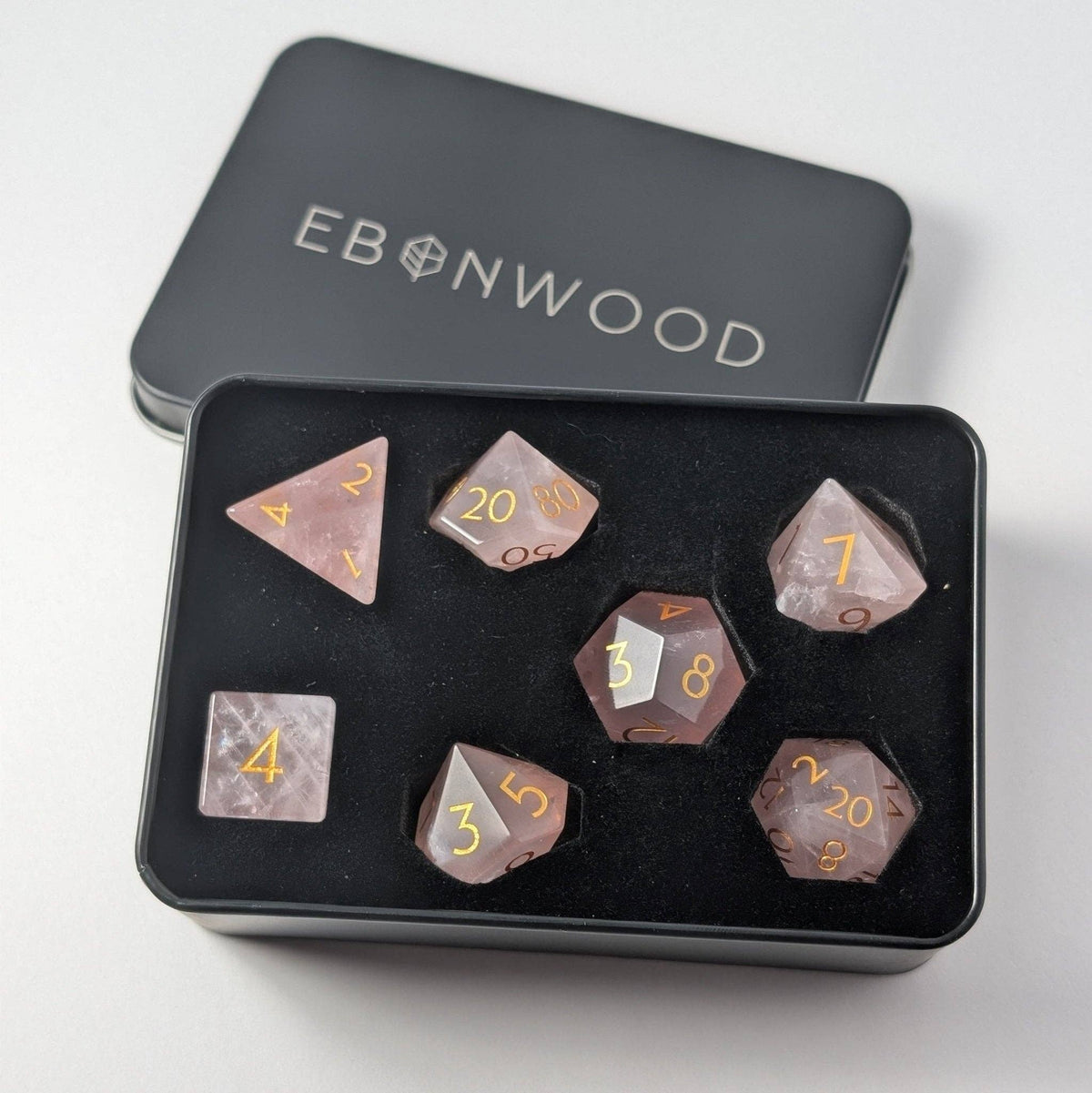 Rose Quartz - 7 Piece Polyhedral Gemstone Dice Set