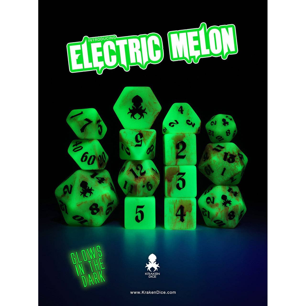 Electric Melon Glow in the Dark 14pc Dice Set inked in Green