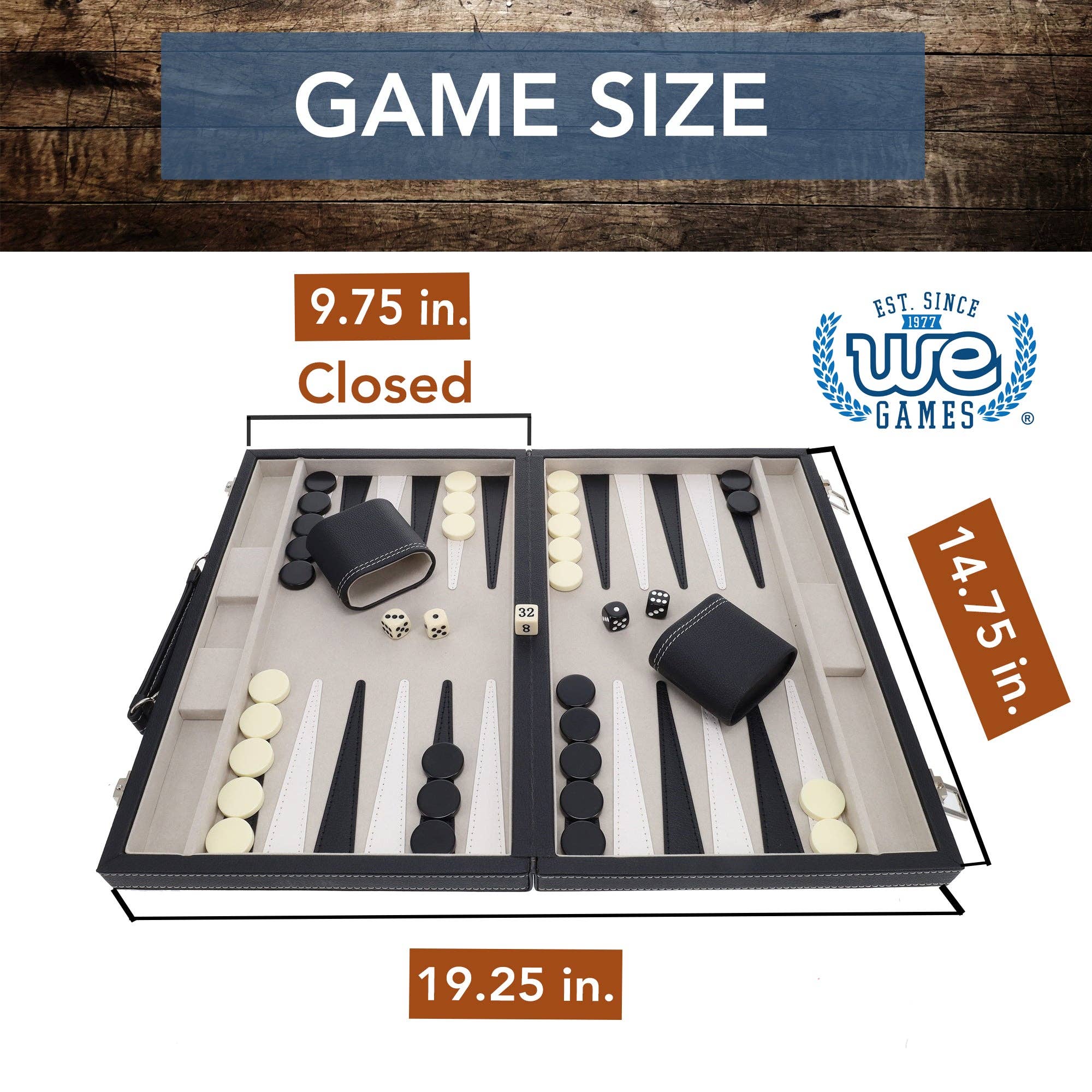 Elegant Black Leatherette Backgammon, 14.75 x 9.75 in.
