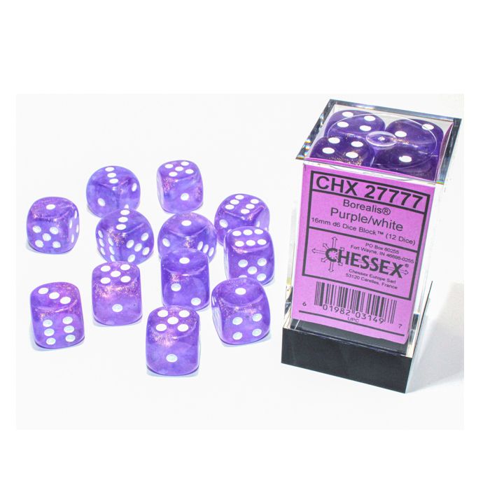 Chessex Borealis Luminary Purple/White Six-Sided 16mm Dice