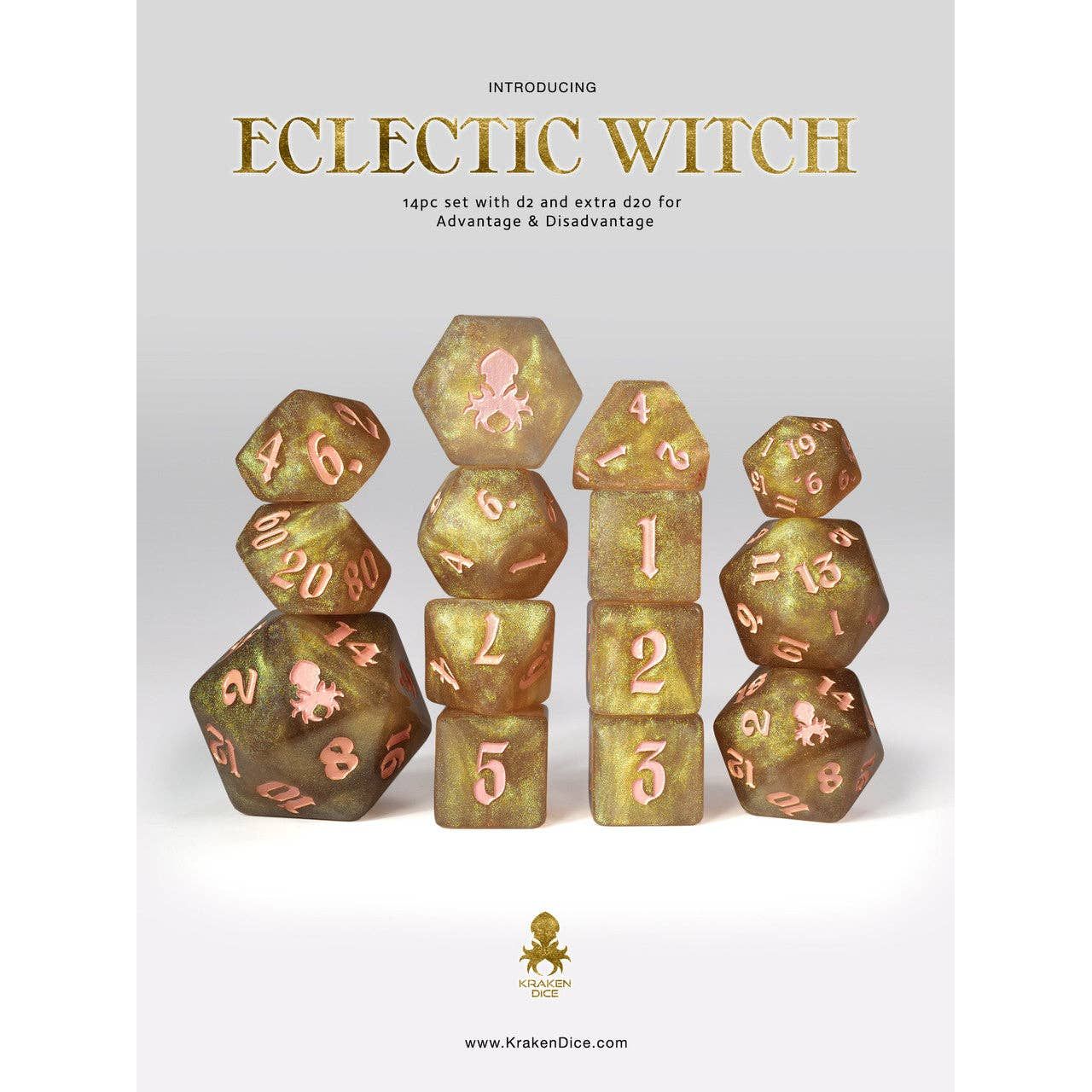 Eclectic Witch: Gold Shimmer 14pc Pink Ink Dice Set