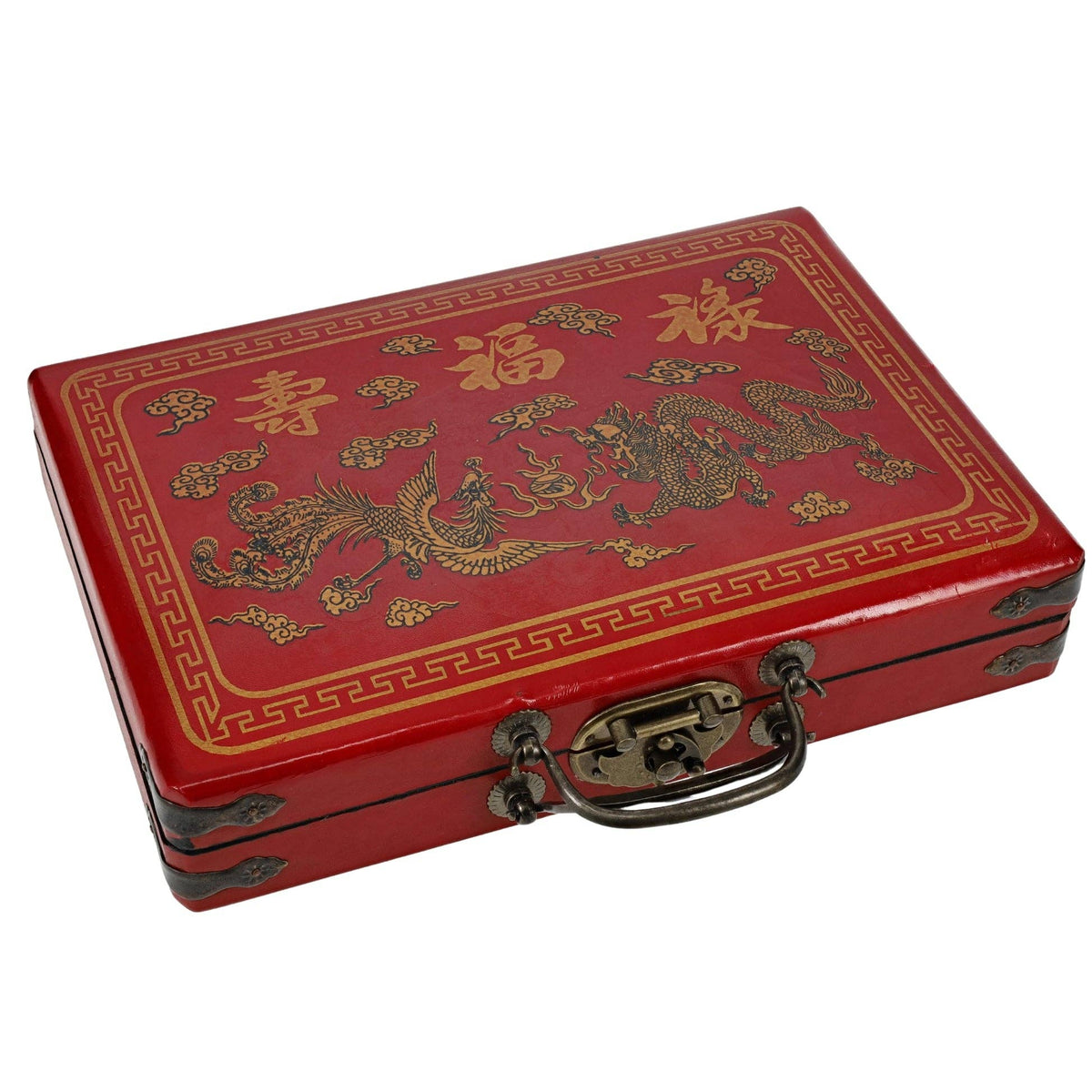 WE Games Traditional Chinese Mahjong Set Travel Size, Red Leatherette Travel Case with Ornate Dragon Design, 144 Tiles 24mm White Tiles