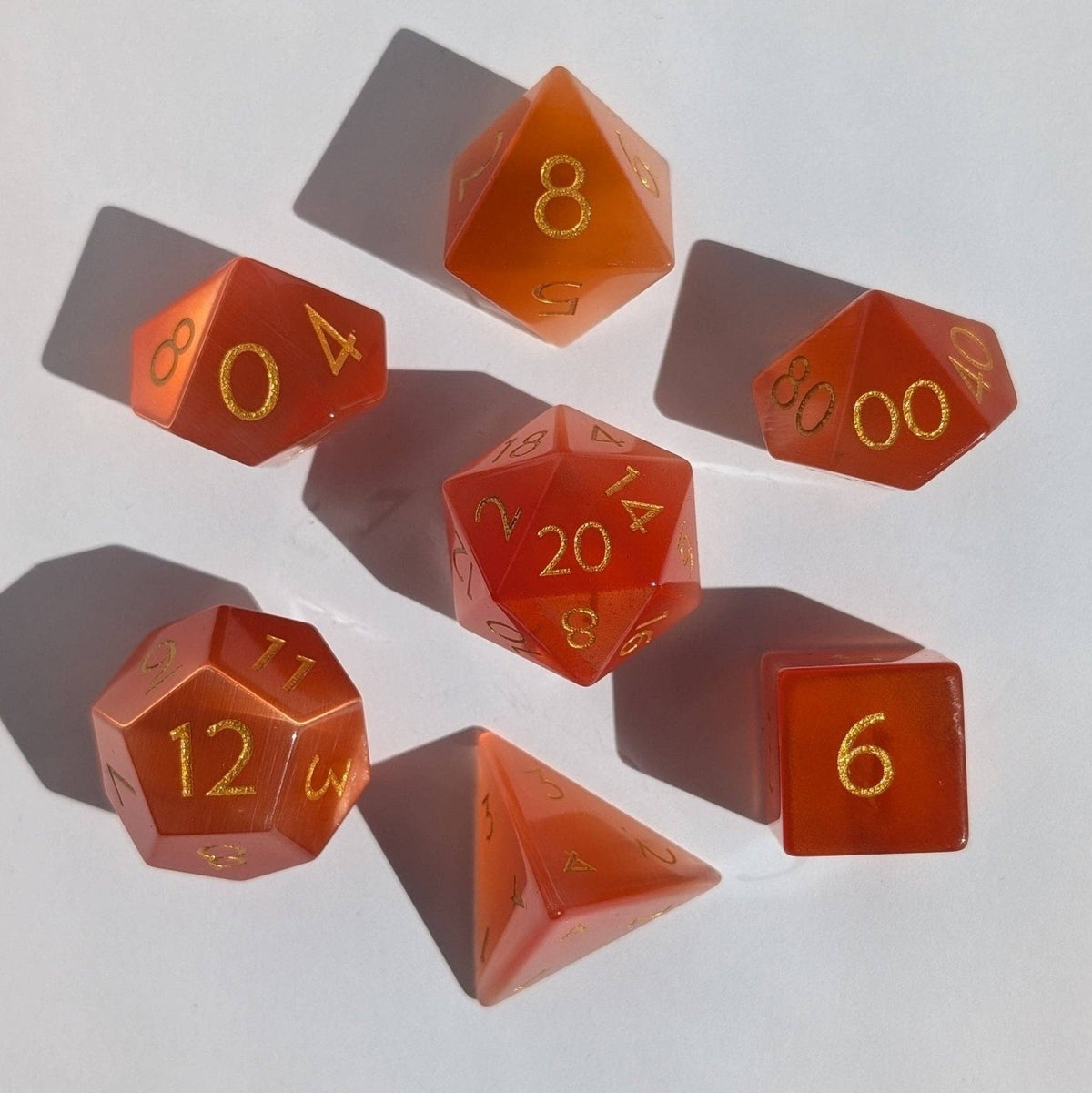 Orange Cat Eye - 7 Piece Polyhedral Gemstone Dice Set