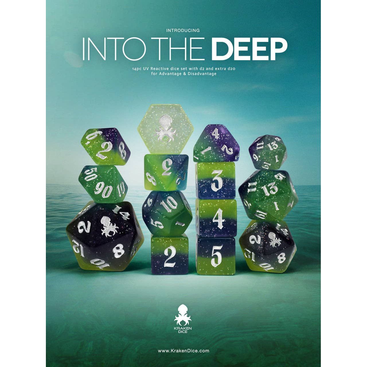 Into The Deep UV Reactive 14pc Dice Set inked in Silver