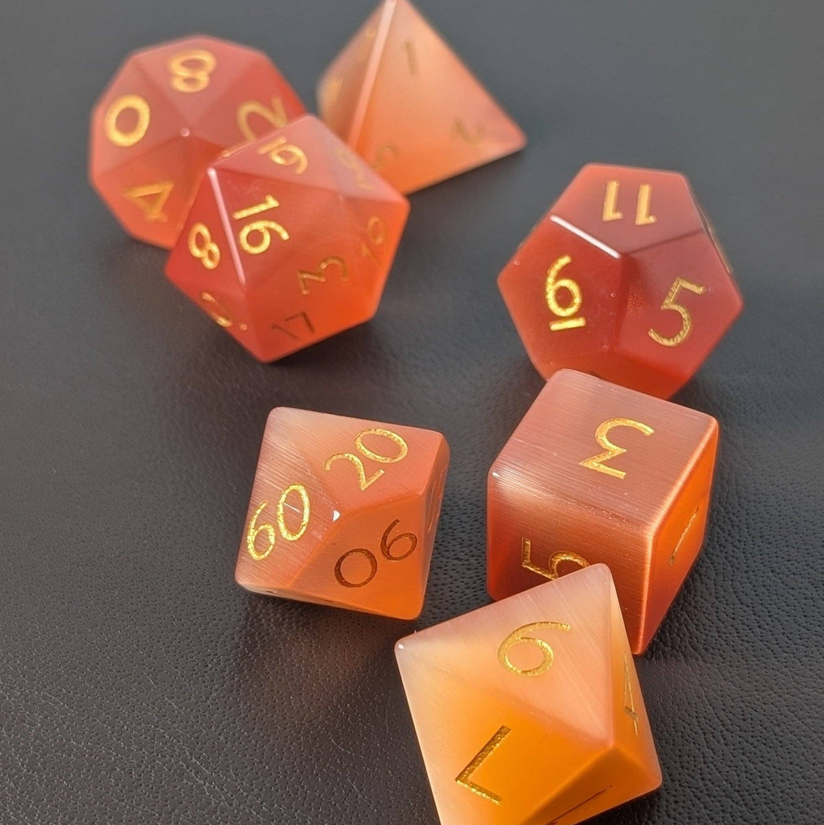 Orange Cat Eye - 7 Piece Polyhedral Gemstone Dice Set