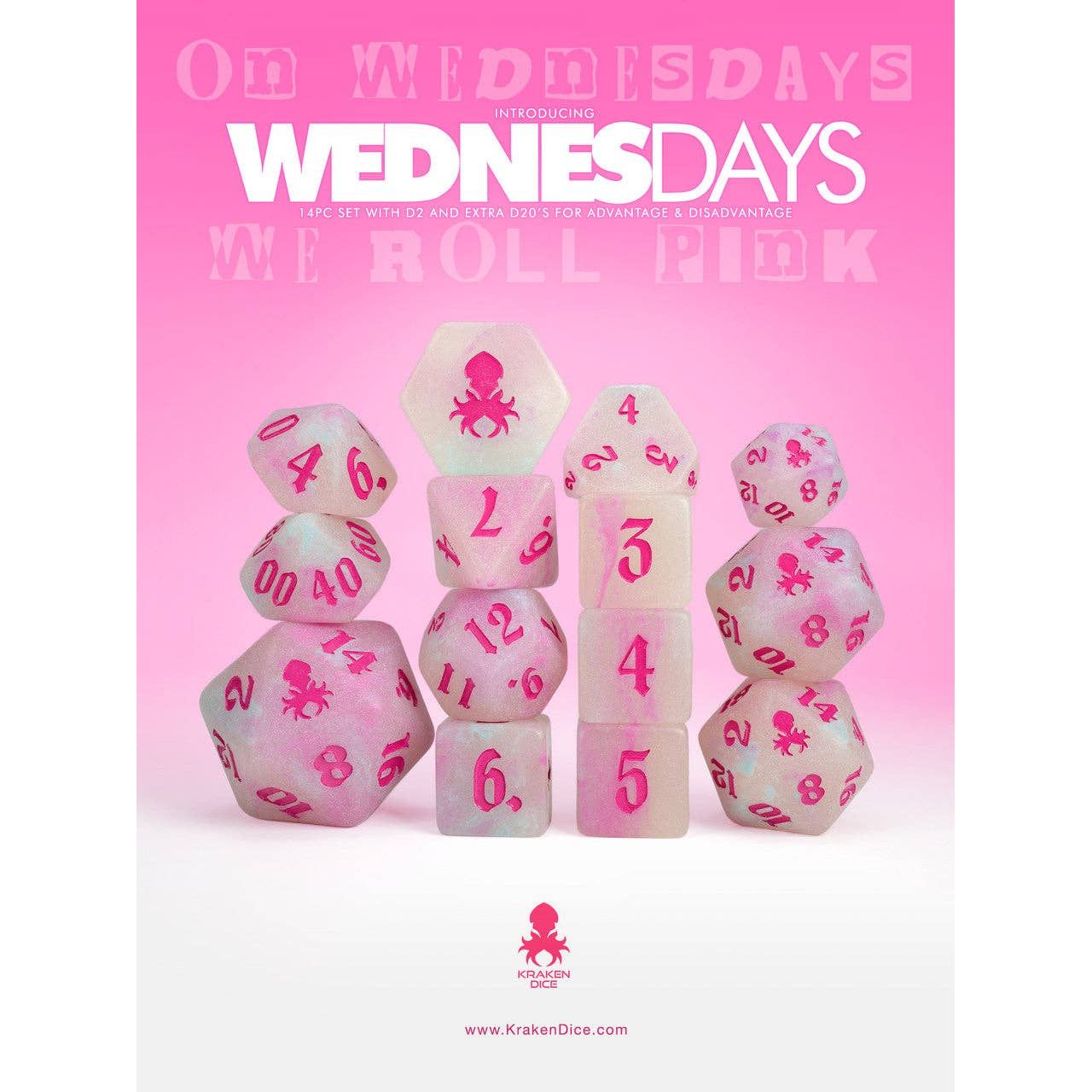 Wednesdays 14pc Glow in the Dark Dice Set with Pink Ink