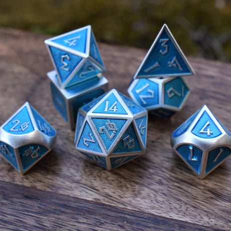 Elder Runes: Electric Blue And Matte Silver - 7-set Metal Dice