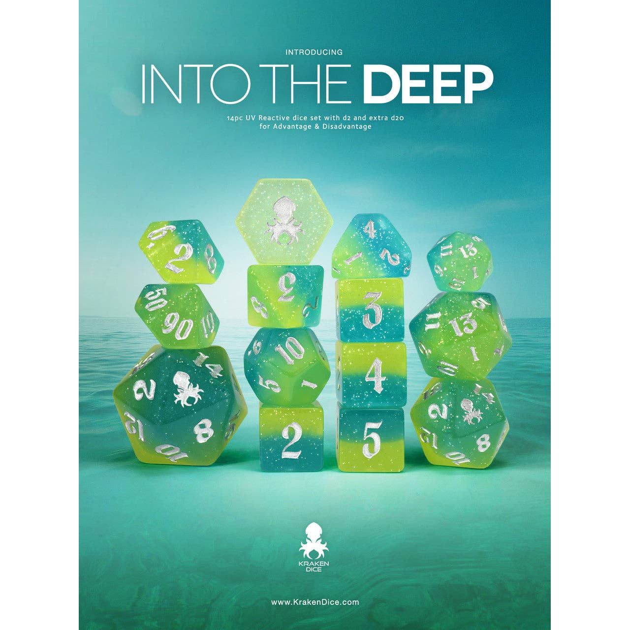 Into The Deep UV Reactive 14pc Dice Set inked in Silver