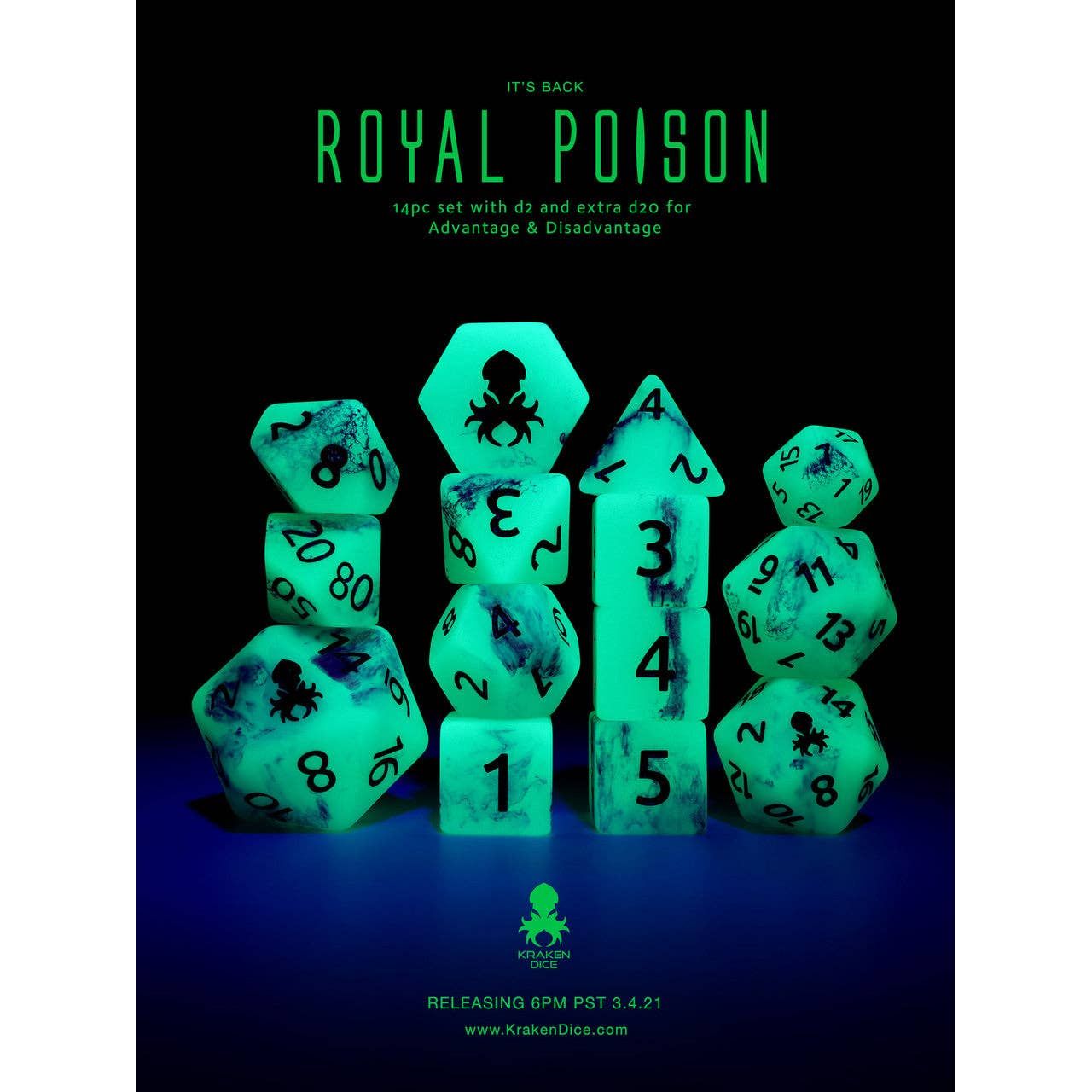 Mutagen: Royal Poison 14pc Glow in the Dark Purple Ink Dice Set