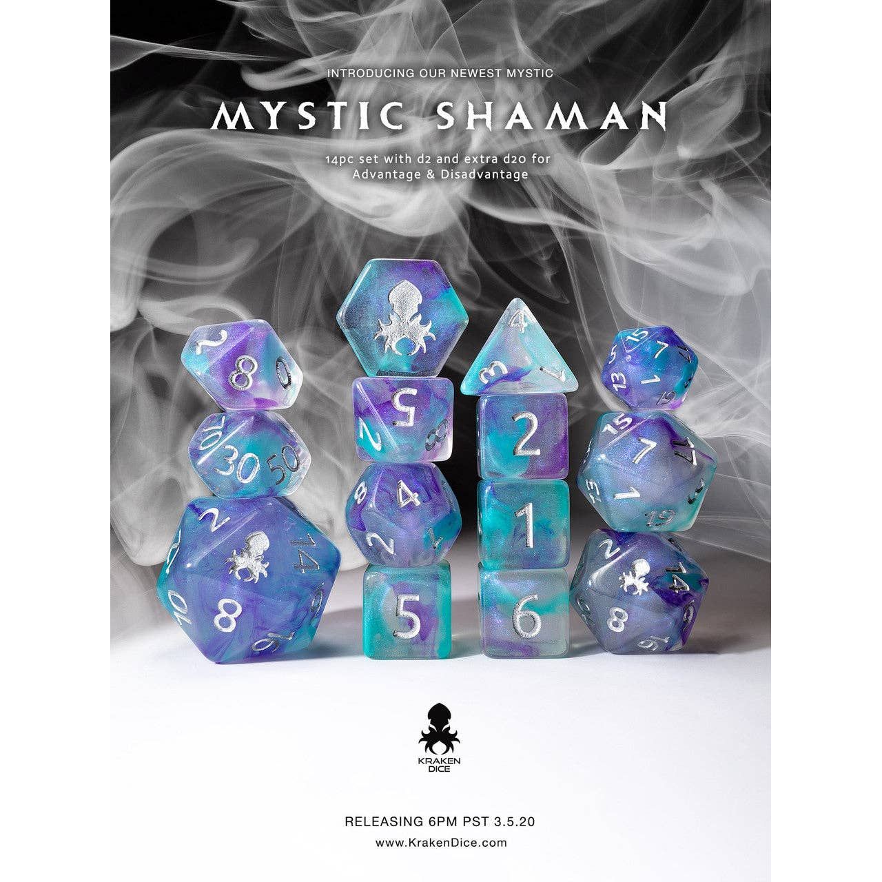 Mystic Shaman 14pc Polyhedral Dice Set with Silver Ink