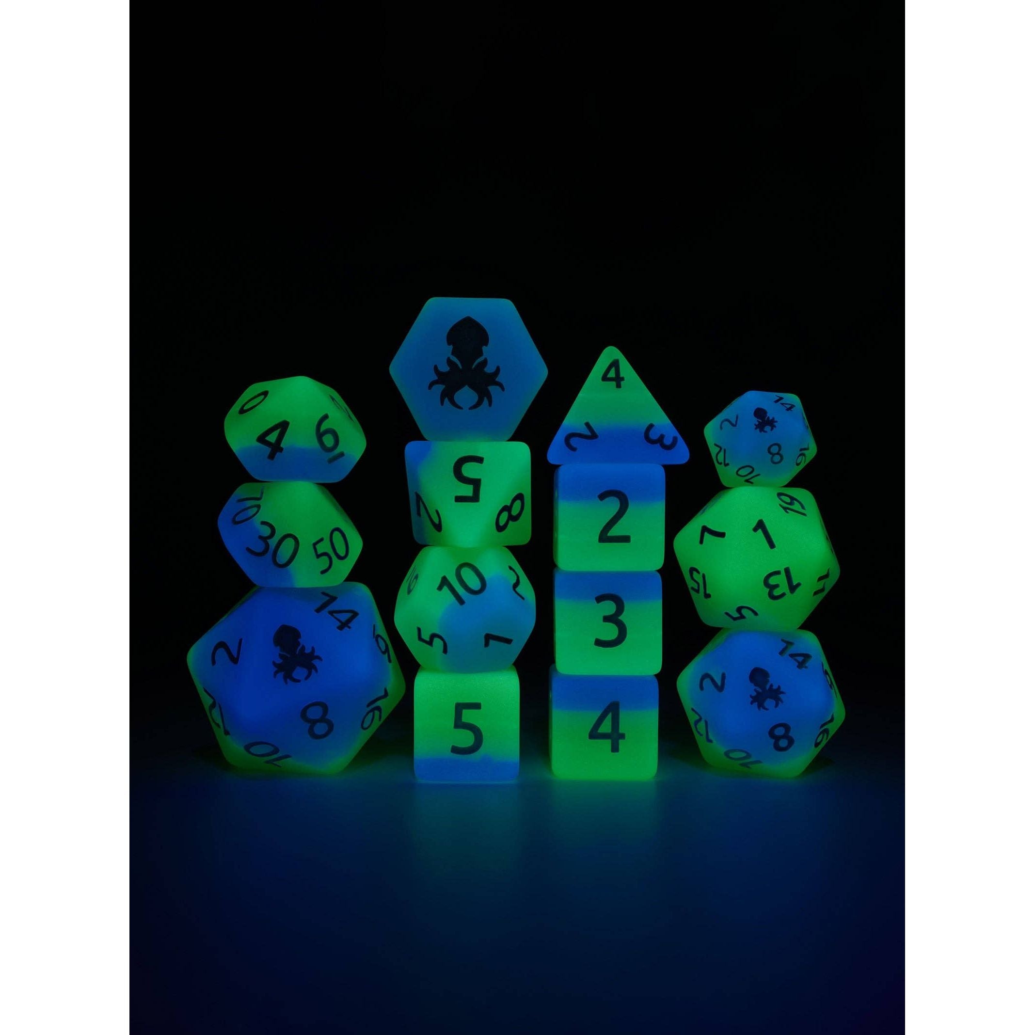 Aquatic Garden 14pc Glow in the Dark Dice Set Inked in Blue